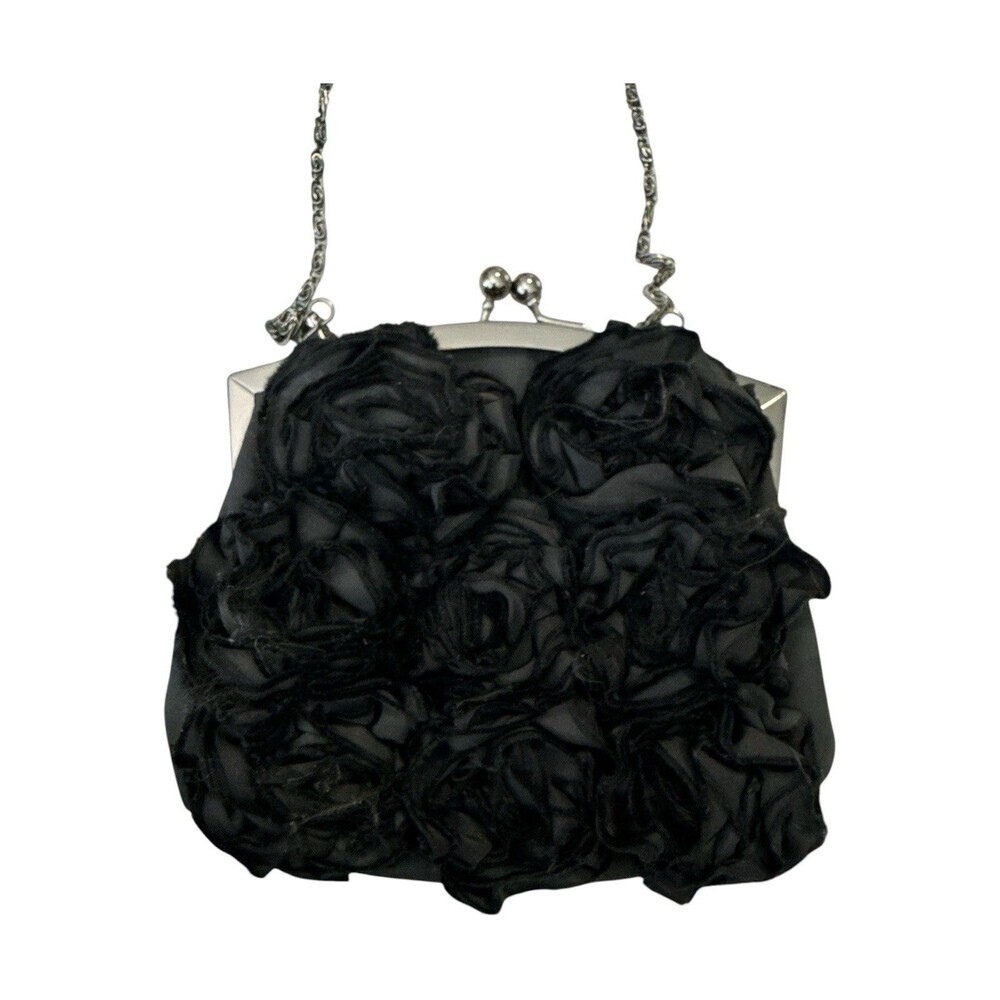 Lulu Townsend Black Rosette Evening Bag Satin Clutch Chain Strap Kiss Lock Purse